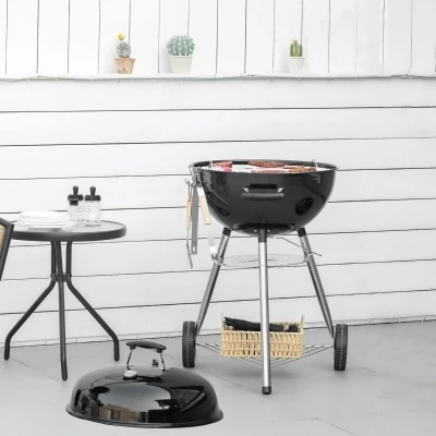Outsunny Kettle Grill with Knife, Turner, and Grill Tongs, Thermometer, Ash Catcher, Rain Cover, Metal, Black