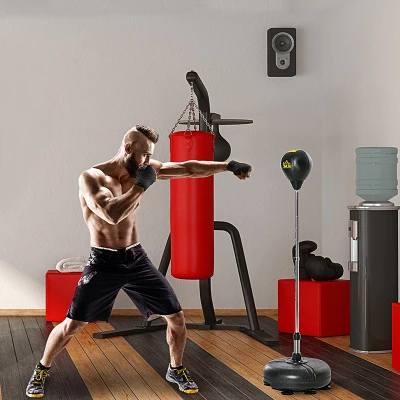 HOMCOM Saco de Boxeo de Pie Ajustable en Altura de 4 Niveles Punching Ball con Base Rellenable Guantes e Inflador para Adultos y Adolescentes Ø45x132-158 cm Negro y Rojo