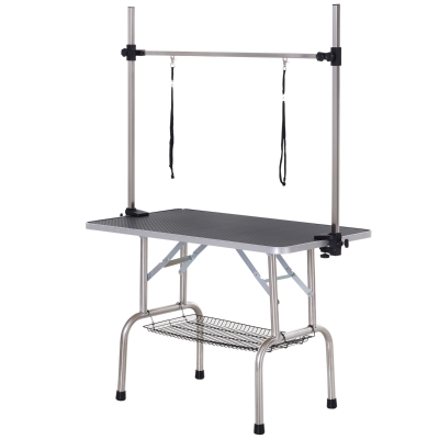 PawHut Dog Grooming Table Dogs Adjustable Height Rubber Top Dog Baths Safety Slings Mesh Storage Basket Metal Black