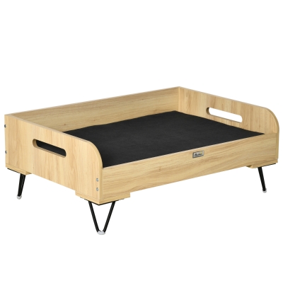 PawHut Erhöhtes Hundebett mit Schutzrand und Transportgriffen, Eiche+Schwarz, 82 x 56 x 31,5 cm