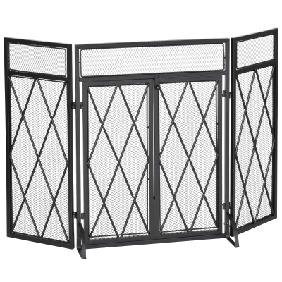 HOMCOM Parascintille per Camino in Metallo con 3 Pannelli Pieghevoli e 2 Porte, 120x11.5x79cm - Nero