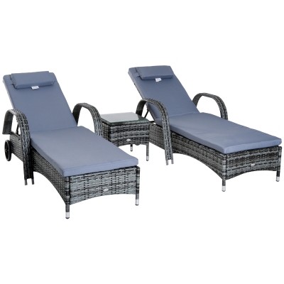 Outsunny 2 Seater Rattan Sun Lounger Set with Side Table-Grey