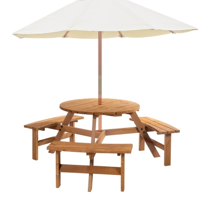 Outsunny Garden Round Table W/3 Attached Benches-Fir Wood