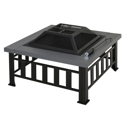 Outsunny Square Metal Fire Pit With Waterproof Cover-Black/Grey