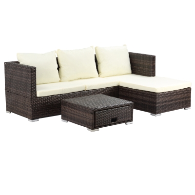 Outsunny Rattan Garden Furniture Storage Sofa Set 4 Seater Wicker Coffee Table Conservatory Sun Lounger Outdoor Weave with Cushion Brown