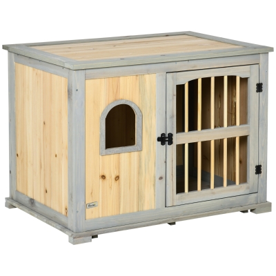 PawHut Wooden Dog Crate, End Table w/ Lockable Door and Window for Small and Medium Dog, Grey and Yellow, 95 x 65.5 x 70.5cm