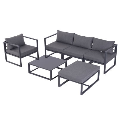 Outsunny 6 Pcs Sectional Sofa Set W/Cushions, Aluminium Frame, Tempered Glass-Grey