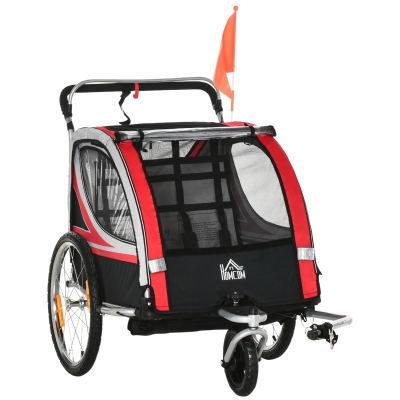 HOMCOM Child Bike Trailer 2 In 1 Baby Stroller 2-Seater Transport Carrier with Brake, 5 Point Harness, Storage Bag, Reflector, Flag, Red