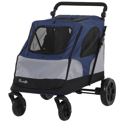 PawHut Passeggino per Cani fino a 30kg Pieghevole con Manubrio Regolabile, Grigio e Blu