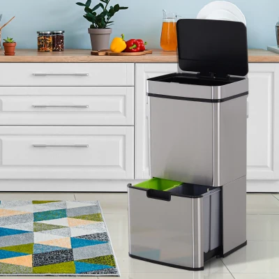 HOMCOM Balde de Lixo 72L com Abertura Automática de Aço Inoxidável e Reciclagem para Cozinha 42x30x81 cm Prata