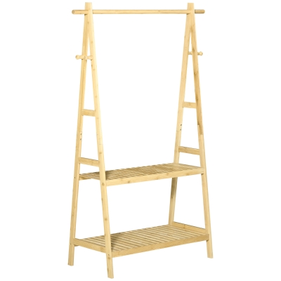 Suport pentru Umerase HOMCOM cu 2 Rafturi si 4 Carlige Laterale, Structura din bambus, 100L x 42l x 155lcm, Culoarea Lemnului