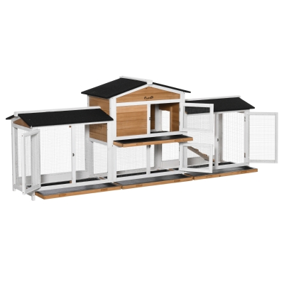 PawHut Kleintierstall mit Freilauf 230 x 53 x 93,5 cm Rampe doppelstöckig Tannenholz Asphalt 230 x 53 x 93,5 cm
