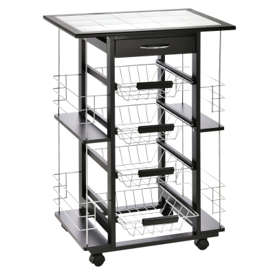 Desserte de cuisine 4 paniers métal tiroir + 4 range-bouteilles bois pin noir plateau carrelé blanc