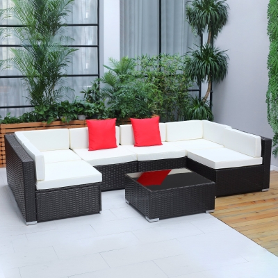 Salon de jardin 7 pièces modulables résine tressée brun foncé