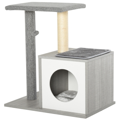 PawHut Albero Tiragraffi per Gatti con Cuccia e Colonna in Corda Sisal Grigio 59x39x62cm