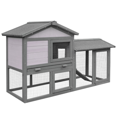 PawHut® KLATKA DLA KRÓLIKÓW KUR Z WYBIEGIEM drewno jodłowe szara 147 x 54 x 84 cm