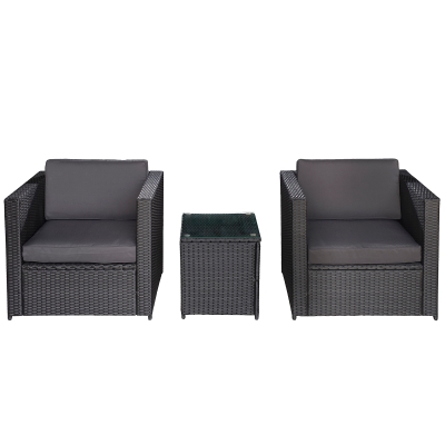Outsunny Ensemble salon de jardin 2 personnes 3 pièces 2 fauteuils avec coussins + table basse plateau verre trempé résine tressée gris et noir