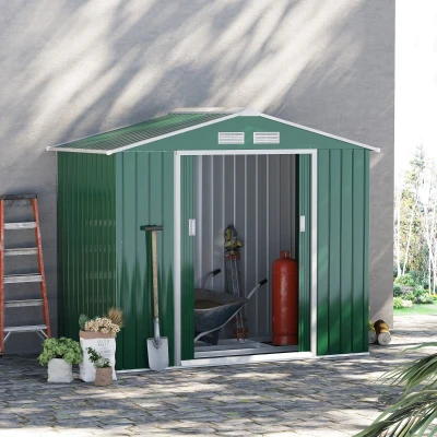 Outsunny Abrigo de Jardim 213x130x185cm Abrigo de Jardim Metálico de Exterior com 2 Portas Deslizantes e 4 Janelas Verde
