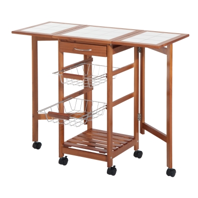 HOMCOM Mesa Auxiliar Cocina 91x37x75 cm Plegable 6 Ruedas 1 Cajon 2 Cestas Carrito Servicio Pino Metal Cromado