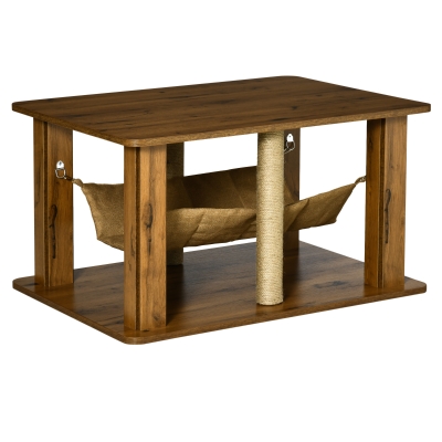 PawHut Mesa Auxiliar Mesa de Café com Rede 2 Postes de Arranhar de Juta e Prateleira Inferior de Armazenamento 79x59x45,5cm Marrom