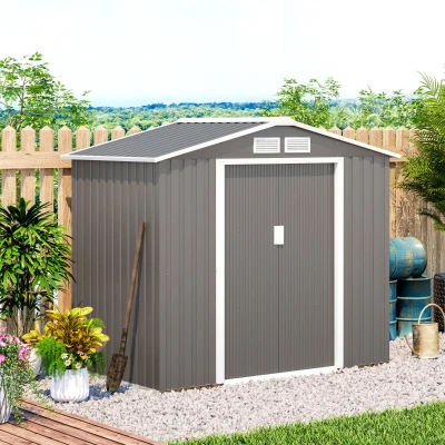 Outsunny Abrigo de Jardim 213x130x185cm Abrigo de Jardim Metálico de Exterior com 2 Portas Deslizantes e 4 Janelas Cinza Claro
