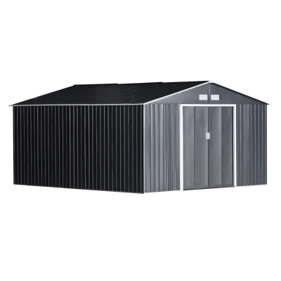 Outsunny Abrigo de Jardim Metálico 340x386x200cm Abrigo de Exterior para Armazenamento de Ferramentas com Base Incluida 4 Janelas de Ventilação e Porta Corredeira Cinza