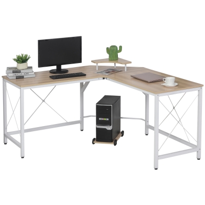 HOMCOM Mesa de Escritorio en Forma de L Escritorio de Ordenador con Soporte de Monitor Estante Independiente para Torre y Estructura con Refuerzo en X 150x150x76 cm Color Madera y Blanco