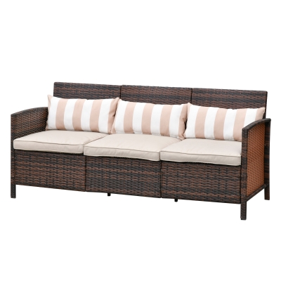 Outsunny Rattan Sofa mit Kissen, Dreisitzer, Garten Loungesofa, Stahl, Braun, 173 x 68 x 78 cm