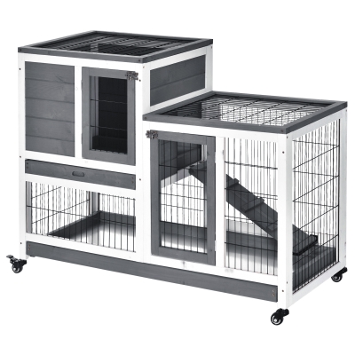 PawHut Conejera de Madera Interior con Ruedas Jaula para Conejos Mascotas Pequeñas de 2 Pisos con Zona Abierta Rampa y 2 Bandejas Extraíbles 110x50x86 cm Gris