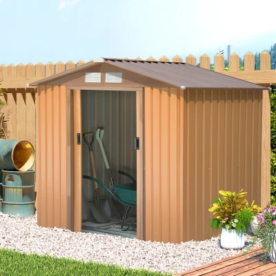 Outsunny Abrigo de Jardim 213x130x185cm Abrigo de Jardim Metálico de Exterior com 2 Portas Deslizantes e 4 Janelas Marrom Claro