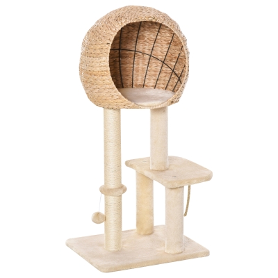 PawHut Árbol Rascador para Gatos Rascador de Gatos Barato Torre de Escalada con Plataformas Caseta Bola y Cuerda de Juego Poste de Sisal 48x40x100 cm Beige