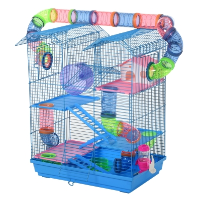 PawHut Jaula para Hámster Hábitat para Animales Pequeños de Múltiples Niveles con 4 Plataformas Bebedero Rueda de Ejercicio Escaleras Sistema de Tubos 51,5x36x59 cm Azul