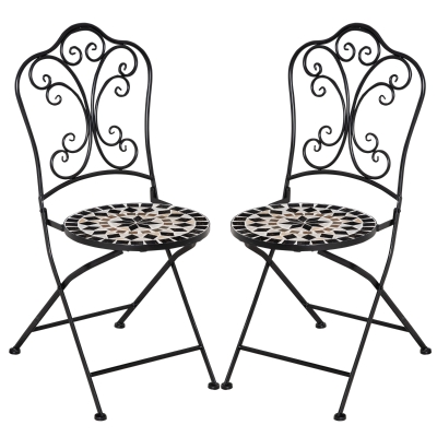 Outsunny Set de 2 Sillas Plegables de Mosaico Conjunto de Sillas de Jardín con Asiento de Cerámica Marco de Metal Carga 120 kg para Terraza Patio Exterior 40x50x92 cm Negro