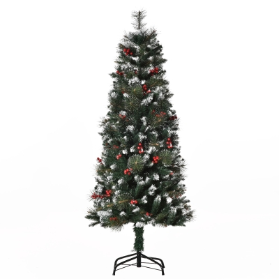 HOMCOM Albero di Natale Innevato con Bacche Rosse da Interni, Base Rimovibile e Pieghevole, 360 Rami, Φ50x150cm - Verde