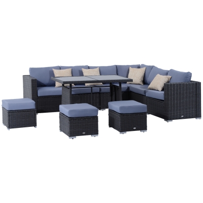 Outsunny 9-Seater Garden Rattan Furniture 10 Pcs Rattan Corner Dining Sofa Set-Grey/Dusty Blue Cushion
