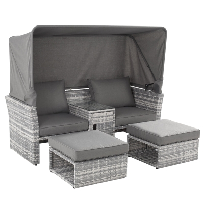Outsunny 2-Seater Outdoor Rattan Daybed Sofa Footstool Coffee Table Set w/ Canopy, Cushion