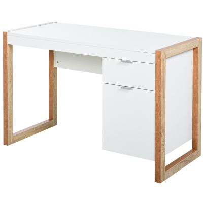 HOMCOM Mesa de Escritorio Mesa de Ordenador Espacioso con Cajón Armario Patas de Forma Rectangular Decoración Adicional 112,5x50x75,5 cm Blanco
