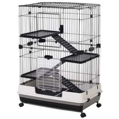 PawHut Kleintierkäfig mit 4 Räder Käfig 3 Öffnungen 2 Plattformen Metall Schwarz 81,2 cm x 52,7 cm x 110 cm