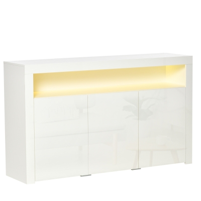 HOMCOM Sideboard Hochglanz Vorratsschrank Küchenschrank mit LED-Licht für Eingang Essbereich Wohnzimmer Material MDF und Spanplatte Weiß 155 x 40 x 92 cm