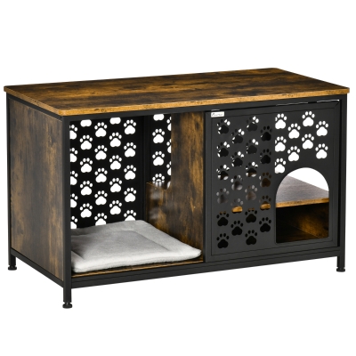 PawHut Casa para Gatos de Madera con Mesita Superior y Estantes de Almacenaje Cueva Cama para Gatos con Cojín Lavable y Puerta Corredera Acero 101x52x60 cm Marrón Rústico