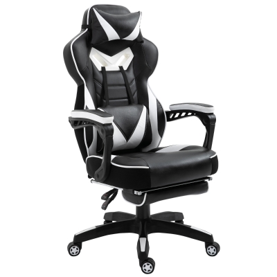 Vinsetto Silla Racing Sillas para gamers Regulable en Altura Reclinable Respaldo con Reposapiés Reposacabezas Cojín Lumbar Ruedas 65x70x118,5-128,5 cm Blanco