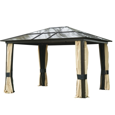 Outsunny Carpa Cenador para Jardín 300x360x265 cm Gazebo Exterior para Evento Estable Anti-UV Techo Policarbonato 4 Paravientos Mosquitera Integrada Color Marrón