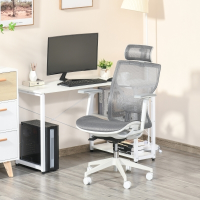 Vinsetto Bürostuhl Schreibtischstuhl Drehstuhl Gamingstuhl mit Kopflehne Lendenkissen 3D-Armlehne 3 Stufen 360°-Drehräder höhenverstellbar ergonomisch Mesh-Stoff Schaumstoff Grau 67 x 65 x 120-128 cm