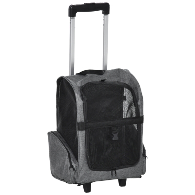 PawHut Trasportino Zaino 2 in 1 per Cani e Gatti con Tasche Laterali, Maniglia Telescopica e Ruote, 42x25x55cm, Grigio