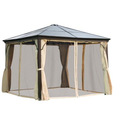 Outsunny Carpa Cenador para Jardín Gazebo Exterior para Evento Estable Anti-UV Techo Policarbonato 4 Paravientos Mosquitera Integrada Aleación de Aluminio 300x300x260cm