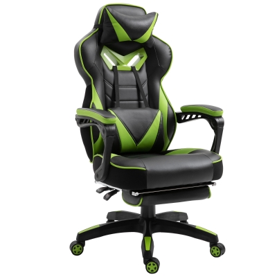 Vinsetto Silla Racing Silla para Gamers Silla Ergonómica de Escritorio para Oficina Regulable en Altura Reclinable Respaldo con Reposapiés Reposacabezas Cojín Lumbar Ruedas 65x70x118,5-128,5 cm Verde