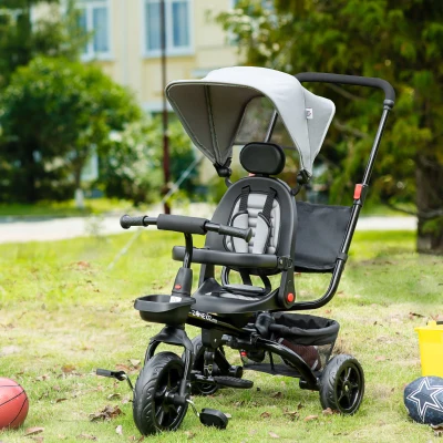 HOMCOM Dreirad mit Schubstange drehbarer Sitz 4-in-1 Kinderdreirad Kinder Fahrrad mit Sicherheitsgurt und Sonnendach Kinderauto Metall Polyester EVA Grau 111,5 x 52 x 98 cm