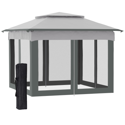 Outsunny 3 X 3(m) Meters Metal Gazebo Party Canopy Garden Pop Up Tent Outdoor Sun Shelter w/ Net Curtain Zipper Door - Dark Grey