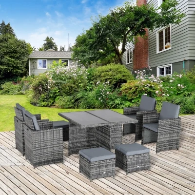 Outsunny 8-Seater Rattan Dining Set Grey Cushion Seat