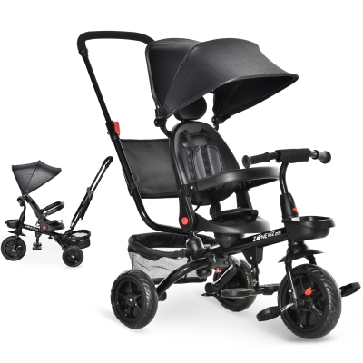 HOMCOM Kinderdreirad mit Schubstange und drehbarem Sitz, Schwarz, 111,5 x 52 x 98 cm